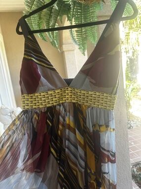 Silk Maxi Dress Size 4 Multicolor Abstract Print Gold Woven Waistband Halter
